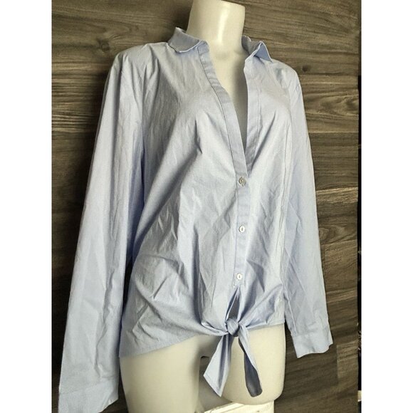 J Jill Womens L Light Blue V Neck Collared Button Up Shirt Blouse Tie Front Top - Picture 3 of 8